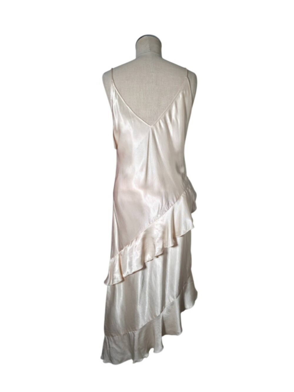 H&M Satin Slip Dress Cream Ivory Ruffle Midi Dress Asymmetrical Hem V Neck S - Picture 9 of 12